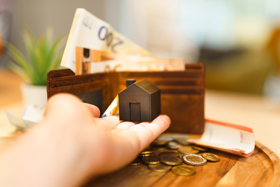 A person's hand is holding a small, dark-colored house-shaped object, positioned in front of an open brown leather wallet that contains several UK banknotes, including a visible twenty-pound note. The wallet is resting on a wooden surface, with some loose coins scattered nearby. In the background, a green potted plant with long, pointed leaves is seen, along with a soft, blurred interior environment illuminated by natural light. The scene appears to be within a home or office setting, emphasizing personal finance or money management, relevant to independent or private waste disposal options offered by Rubbish Removal Kennington as part of their rubbish removal services, with a subtle connection to financial considerations in waste handling.