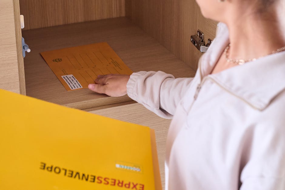 A person wearing a light-colored jacket with a visible collar and a delicate necklace is reaching into a wooden cabinet or drawer, which is part of a larger piece of furniture, likely in an indoor setting. Inside the open compartment, there is an orange envelope or card with printed text and a barcode, positioned flat on the surface. A yellow cardboard box labeled 'EXPRESS ENVELOPE' in bold black and red letters is partially visible at the bottom of the image, placed outside the cabinet, resting on a flat surface. The environment appears well-lit, with the wood finish of the furniture showing a smooth texture and warm tone. The scene suggests an exchange or placement of documents, possibly related to the logistics or administrative aspects of waste management services, aligning with the context of independent collection or private waste handling as provided by Rubbish Removal Kennington. The image emphasizes organized handling of paperwork within a waste removal or clearance process, reflecting efficient on-site administrative tasks associated with rubbish disposal services.